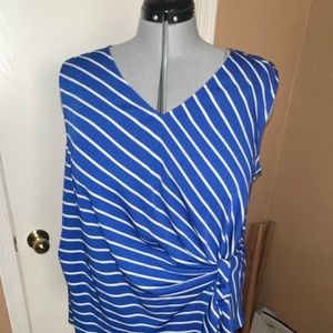 Sleeveless blouse, blue & white faux wrap